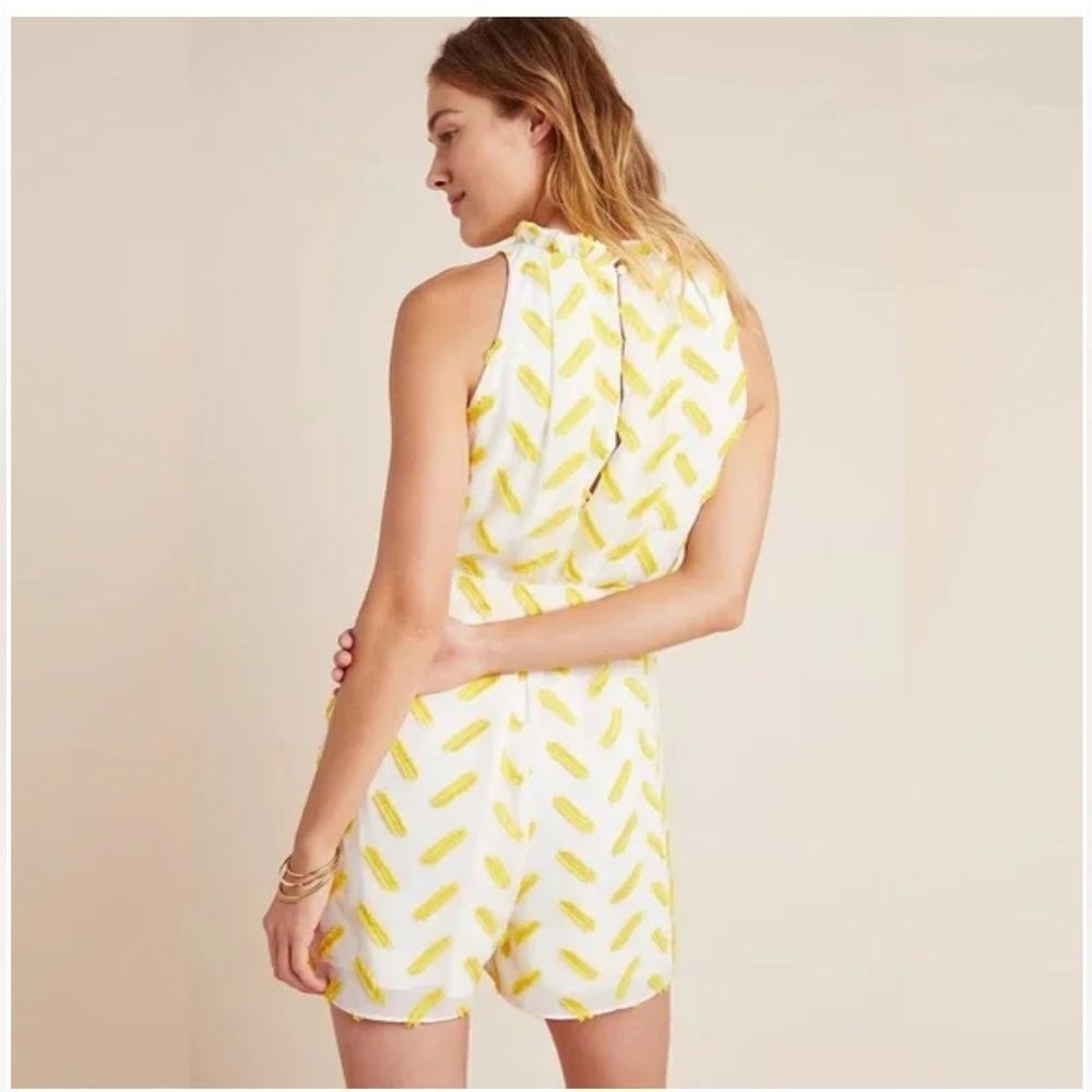 ❤️NWT ALI & JAY X ANTHROPOLOGIE yellow & white Corina Textured high neck Romper - Picture 2 of 13